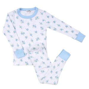 Magnolia Baby Classic White and Blue Smocked Floral Pajama Set in Pima Cotton